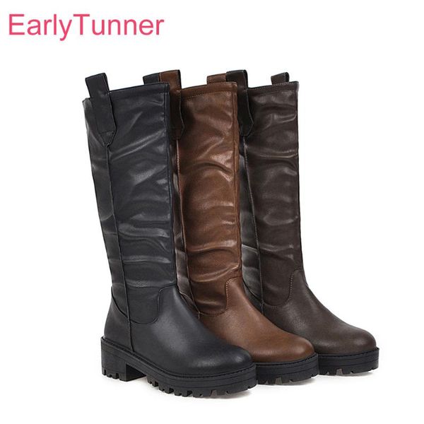 

boots brand comfortable black coffee women knee high slouch 2 inch med heels lady shoes eh509 plus big size 10 43 46