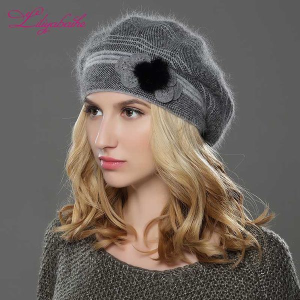 

liliyabaihe new style women winter hat knitted wool angora beret classic patchwork of mink flower decoration cap double warm hat, Blue;gray