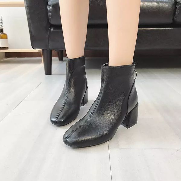 

genuine leather ankle boots women hoof heel autumn lady high heels shoes fashion woman square toe zipper black beige boots1