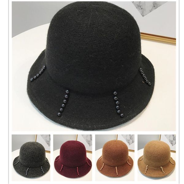 

stingy brim hats trendy british style wool knitted lady autumn winter warm woolen basin hat female beads women outdoor caps, Blue;gray