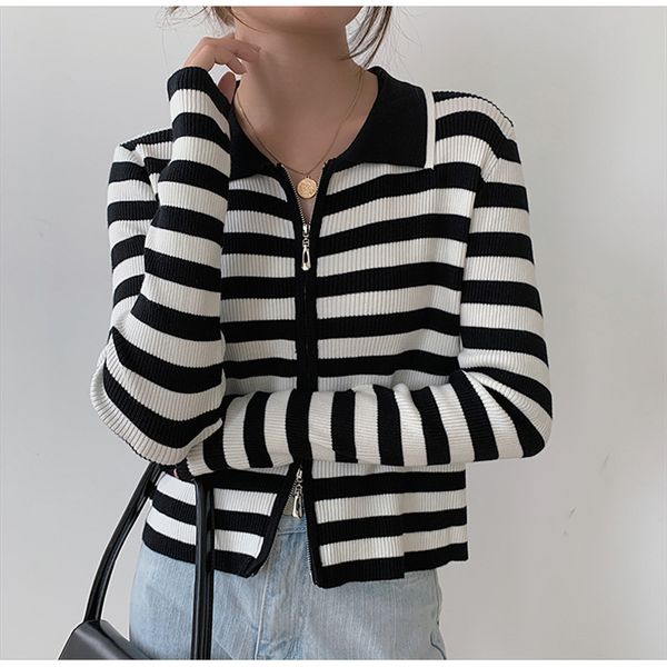 

women's knits & tees 2021 autumn women knitted sweaters female cardigan contrast striped zipper thinny elegant office lady casual all, White