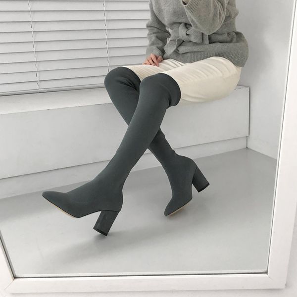 

boots shoes women's over the knee high round toe thick heel autumn and winter heels leather size 33-42, Black