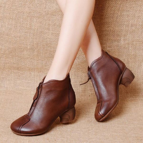 

2020 autumn winter women boots genuine leather middle heels ankle boots for women shoes handmade retro single boot zipper short, Black
