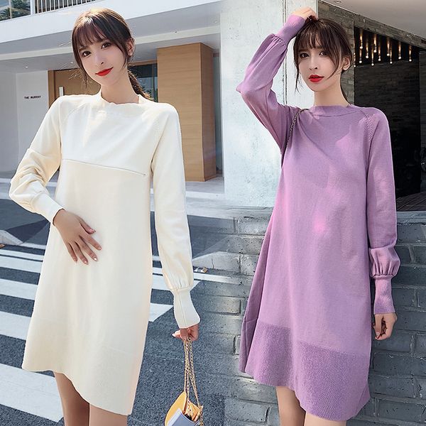 

factory sale 2020 autumn and winter korean loose for pregnant women breastfeeding dress knitted sweater feeding clothes dress, White
