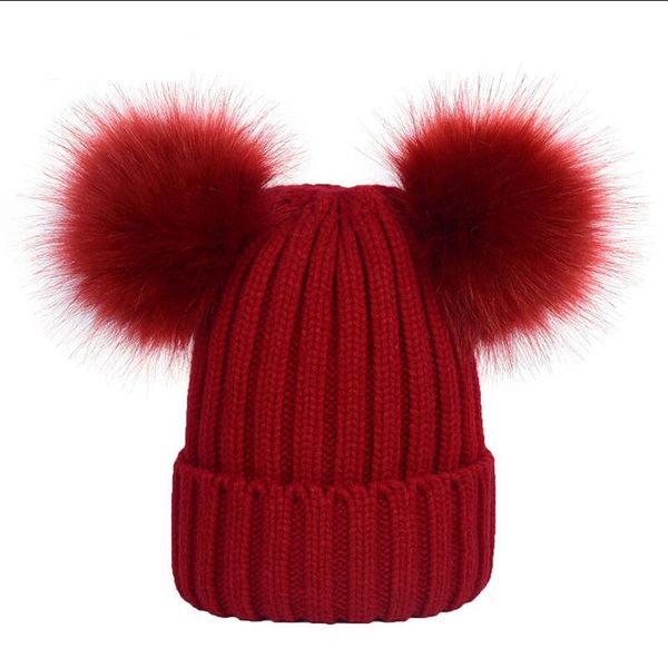

2020 winter fashion women solid color thick hats mother child double fur pompoms hat parent-child knitted skullies beanies caps, Blue;gray