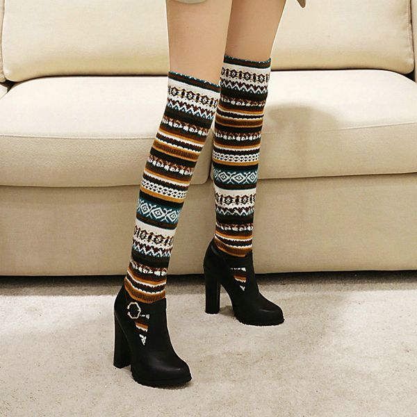 

new winter women shoes woolen sock boots over the knee boots round toe thick heel fashionable elastic sleeve large size 34-43, Black