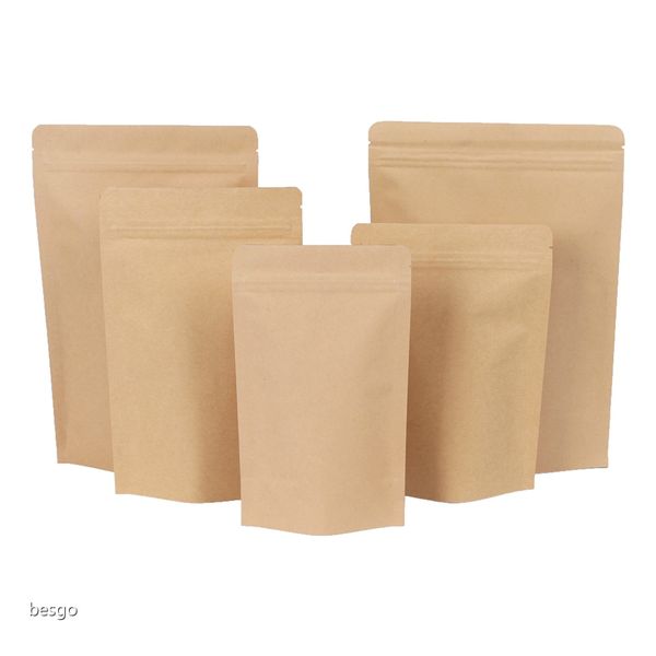 

11 sizes brown kraft paper stand-up bags heat sealable resealable zip pouch inner foil food storage packaging bag with tear notch dbc bh4085