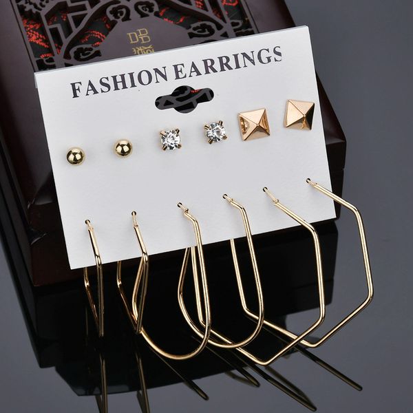 

hoop & huggie 2021 geometric earrings 6 pairs/sets gold silver color bohemia unique simple statement set for women jewelry, Golden;silver