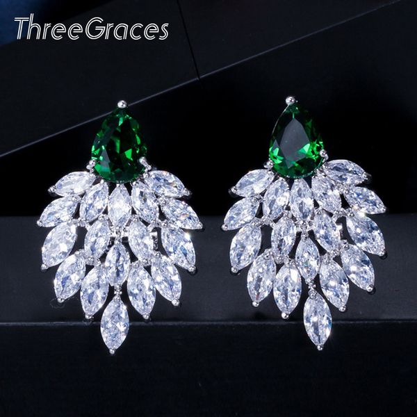 

dangle & chandelier threegraces female jewelry oval austrian crystal large women costume statement earrings with green stone er197, Silver