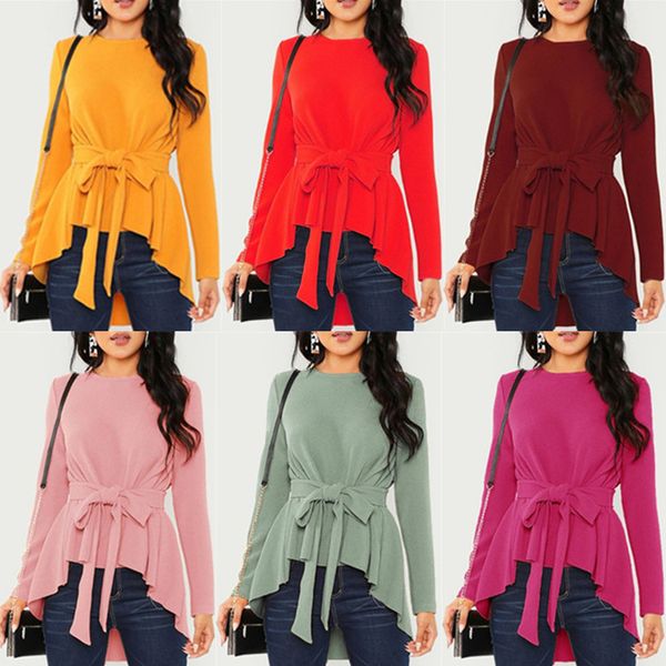 

women autumn spring blouses and shirts o-neck long sleeve bandage ladies irregular blusas shirt, White