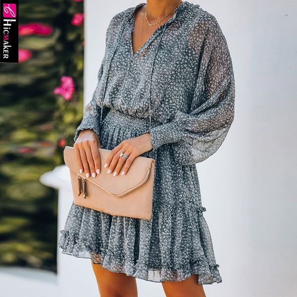 

casual dresses women floral print v-neck long sleeve dress, Black;gray