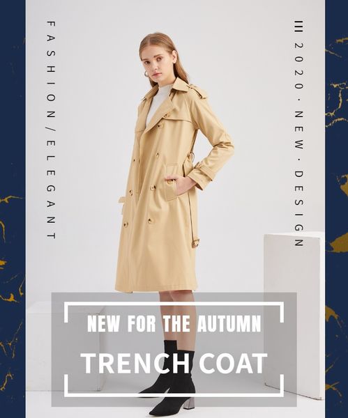 

2020 new european windbreaker women long cotton fashion classic windbreaker long sleeve lapel, Tan;black