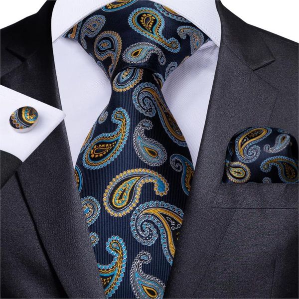 

new designer mens necktie blue gold paisley wedding tie for men hanky cufflinks silk tie set dibangu business fashion mj-7231, Black;gray
