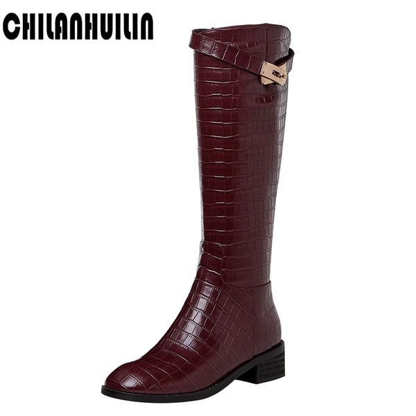 

chunky high heel woman boots print cow leather knee high boots pointed toe long zip ladies brand autumn winter woman, Black