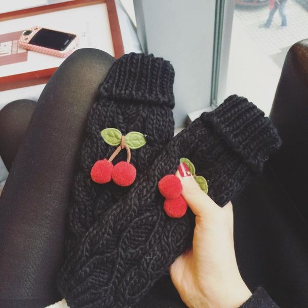 

knitted warm thick gloves cherry fruit decoration lovely halter gloves soft for women mittens fashion solid color outdoor, Blue;gray