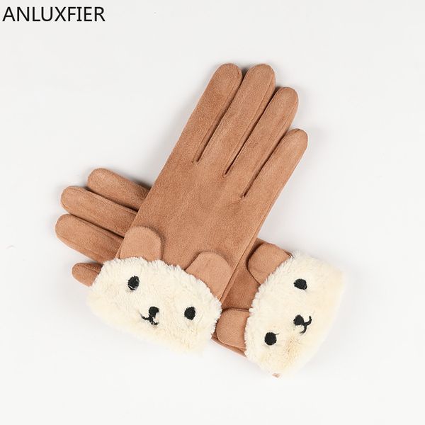 

five fingers gloves h10039 women warm autumn winter plush touch screen suede hand muff students outdoor riding windproof cute cartoon mitten, Blue;gray