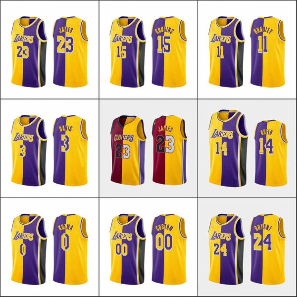 

men los angeles lakers kobe bryant lebron james kyle kuzma anthony davis nba yellow purple split two-tone jersey, Black