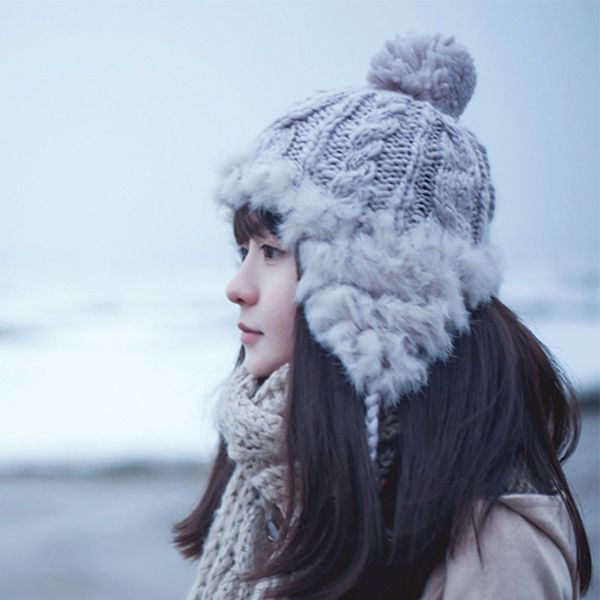 

beanie/skull caps women hats autumn and winter ball knit warm earmuffs wool hat outdoor solid color wild thickening cold, Blue;gray