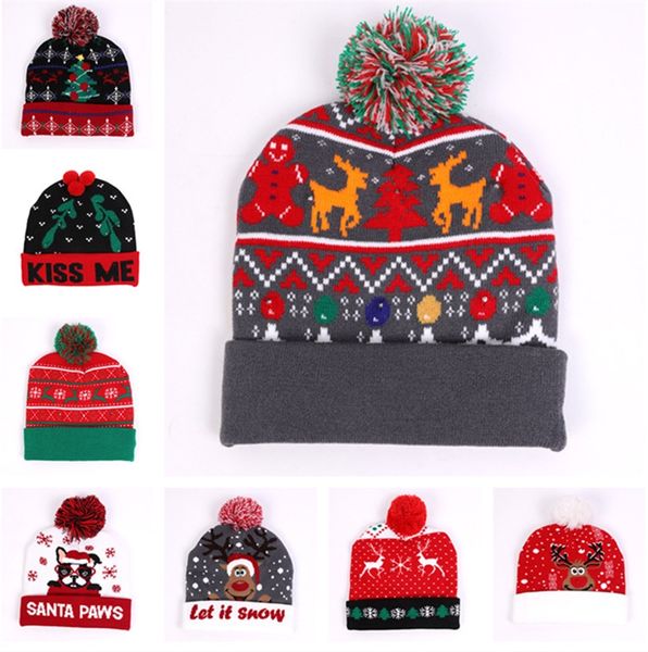 

christmas led knitted beanie hat night light up hats santa claus snowman reindeer elk pattern hats with pom ball crochet caps d9908, Yellow
