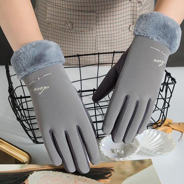 

female winter touch screen gloves cute bear plus velvet thicken cycling warm gloves women embroidery bow driving mittens h53, Blue;gray
