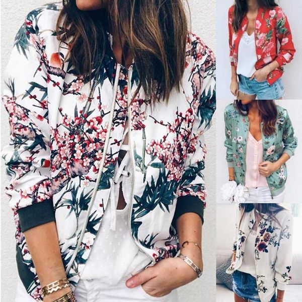 

women's jackets print long sleeve coats womens ladies retro floral zipper bomber outwear casual women 2021 spring female jacket, Black;brown