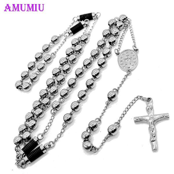 

pendant necklaces amumiu classic stainless steel beads rosary necklace cross jesus religion n031, Silver
