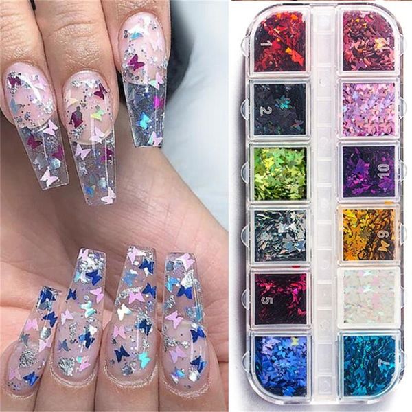 

12 grids/sets holographic nail glitter mirror sparkly butterfly nail sequins paillette holographic glitter 3d flakes slices, Silver;gold