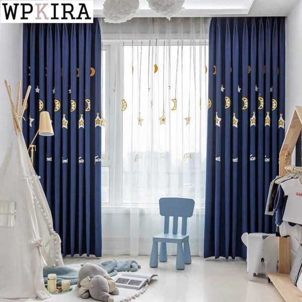 

cartoon navy blue star moon curtain for baby boys room blackout curtain for bedroom embroidery fabric drape modern s493#40