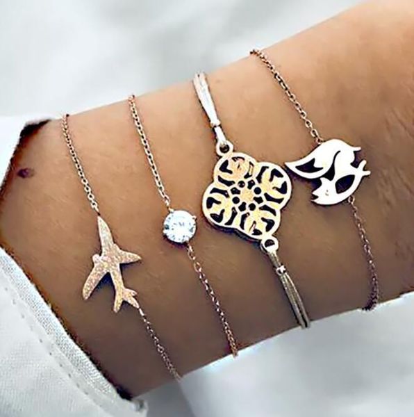 

bohemian plane flower bird chain bracelet with alloy pearl for women gold chain link bracelets charm party jewelry accessories, Black