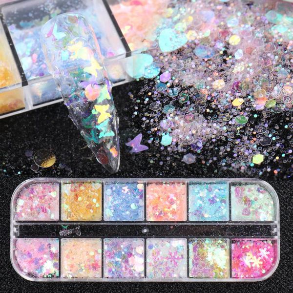 

12 grids chrome nail pigment powder sequin aurora glitter flakes dust mix butterfly star round heart manicure decorations lats, Silver;gold