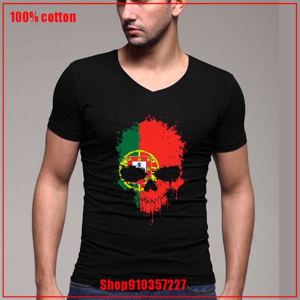 

chaotic portuguese flag splatter skull summer fashion brand slim short sleeved t shirt men fitness v-neck man t shirt breathable