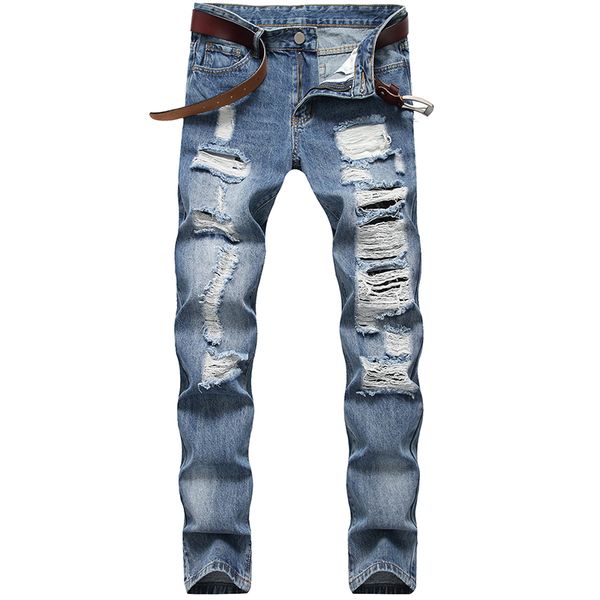 

men's jeans men frayed european and american small straight slim with holes washed, Blue