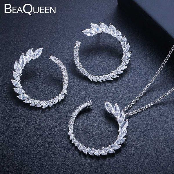 

beaqueen большой круг круглый лист серьги ожерелье ювелирные изделия кубического кристалла циркона женщин мода набор js122, Silver