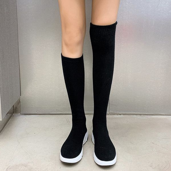 

rimocy black elastic over the knee boots women 2020 new soft knitted flat with socks boots woman lightweight slip on long shoes