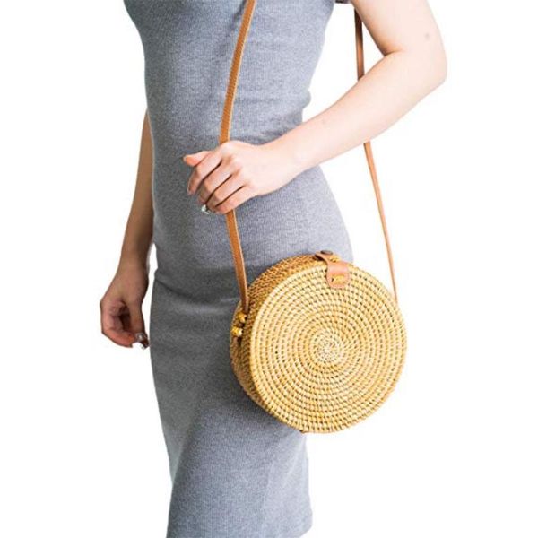 

round straw bag handmade rattan woven vintage retro straw rope knitted women crossbody handbag fresh summer beach bag #35