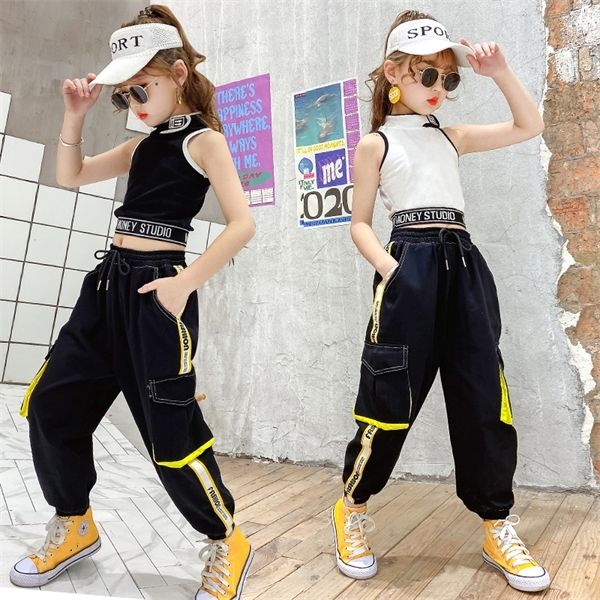 

hip-hop kids dance girls clothes outfits vest pants cargo sweatpants modern baby teens 9 10 11 12 13 years girls streetwear, White