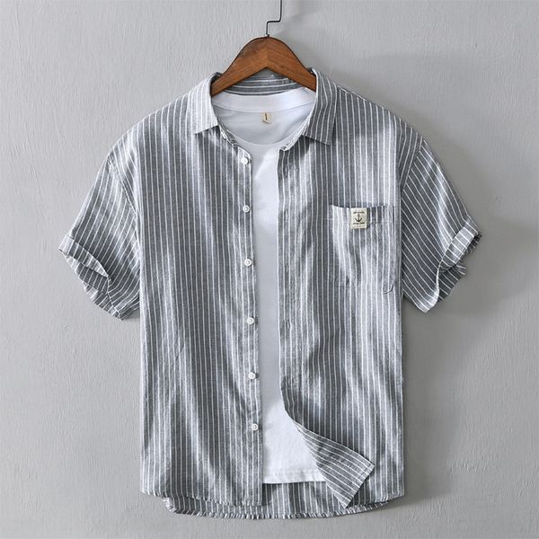

linen short-sleeved men's korean style fashionable casual inch shirtcotton shirtshirt summer loose half sleeve striped shirt cotton lin, Blue