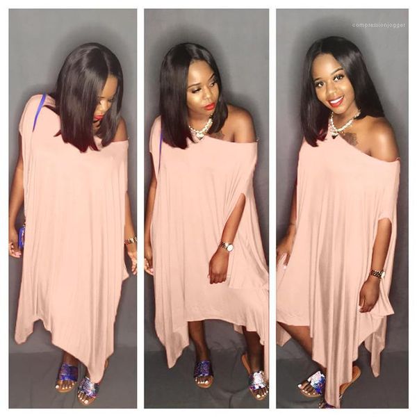 

irregular dress pink short sleeve solid loose casual dress famale designer clothing women one shoulder, Black;gray