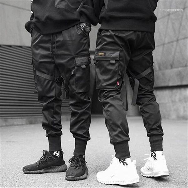 

joggers harajuku sweatpant hip hop trousers mens designer clothing men ribbons color block black pocket cargo pants harem