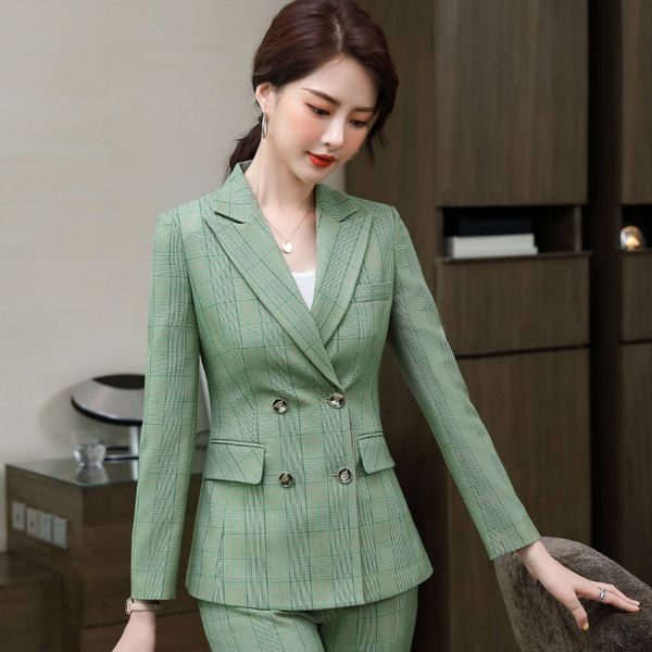 

women's two piece pants s-4xl business suit two-piece 2021 temperament double breasted plaid female jacket slim trousers, White