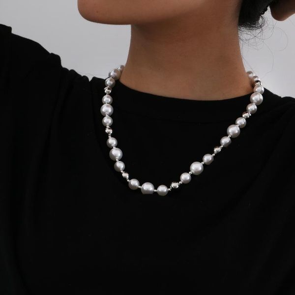 

niche design necklace short men and women necklace stainless steel hip hop personality pearl stitching titanium steel retro punk, Golden;silver