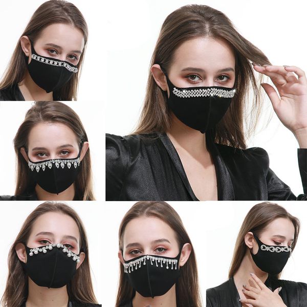 

in stock creative dust-proof pearl rhinestone cotton designer masks black protection european and american printed washing cotton face mask