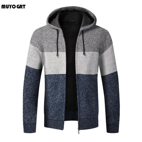 

muyogrt men patchwork wool cardigan hooded sweater jumper men 2020 winter striped pockets knitted outwear coat sweatercoats, White;black