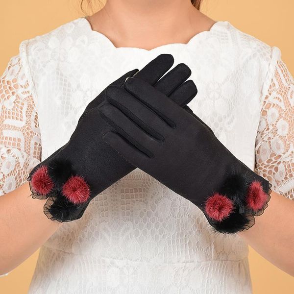 

split fur ball lace non-fleece touch screen full finger gloves women velvet warm glove soft wrist thick mitten driving glove, Blue;gray