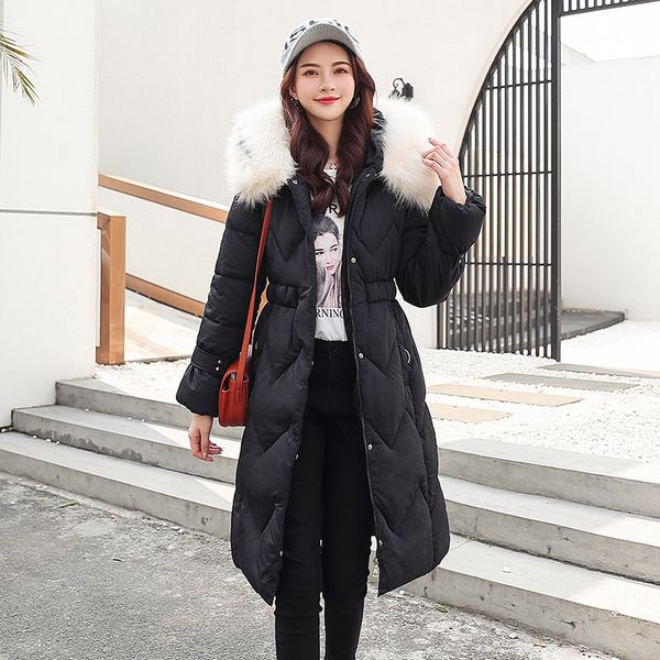 

pure color long fur hooded down cotton big red jacket casual fashion loose thick warm winter women parka coat new 2020, Black