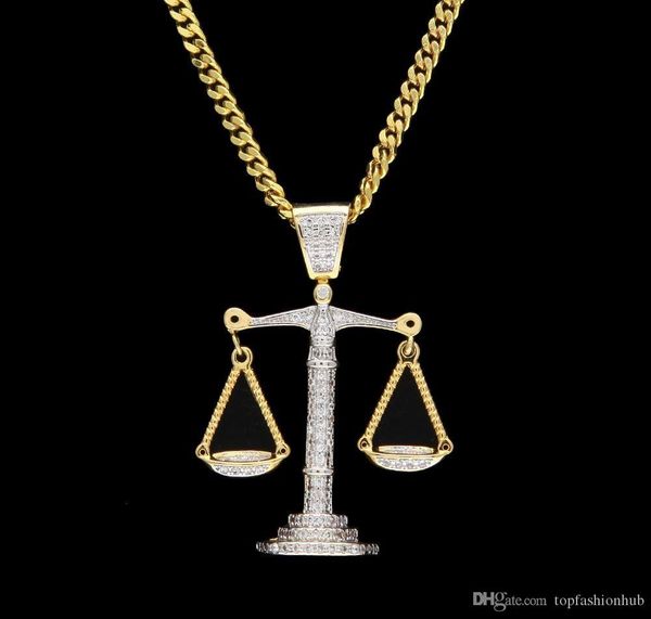 

Iced Out Zircon Balance Libra Scale Pendant Bling Charm White Gold Copper Material Mens Hip hop Pendant Necklace Chain