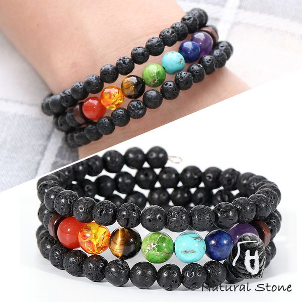 

women men 7 chakras bracelets healing balance reiki buddha prayer yoga bangle natural lava matte stone beads tube layers jewelry, Black