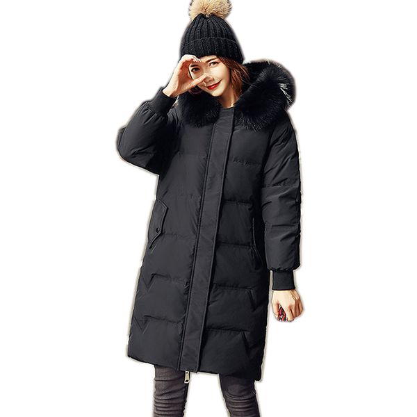 

down parka women large natural fur hooded winter jacket women 90% white duck down thick parkas warm snow coat, Black