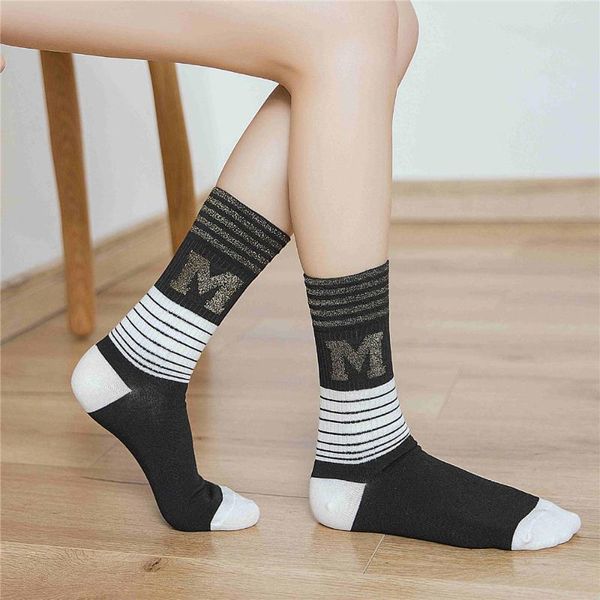 

cotton socks long tube letters college style silver silk cotton pile socks, Black