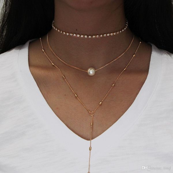 

new multi layer pearl chain necklace three layered chain initial necklace for woman 10pcs weight 13g size 40+5cm free, Golden;silver